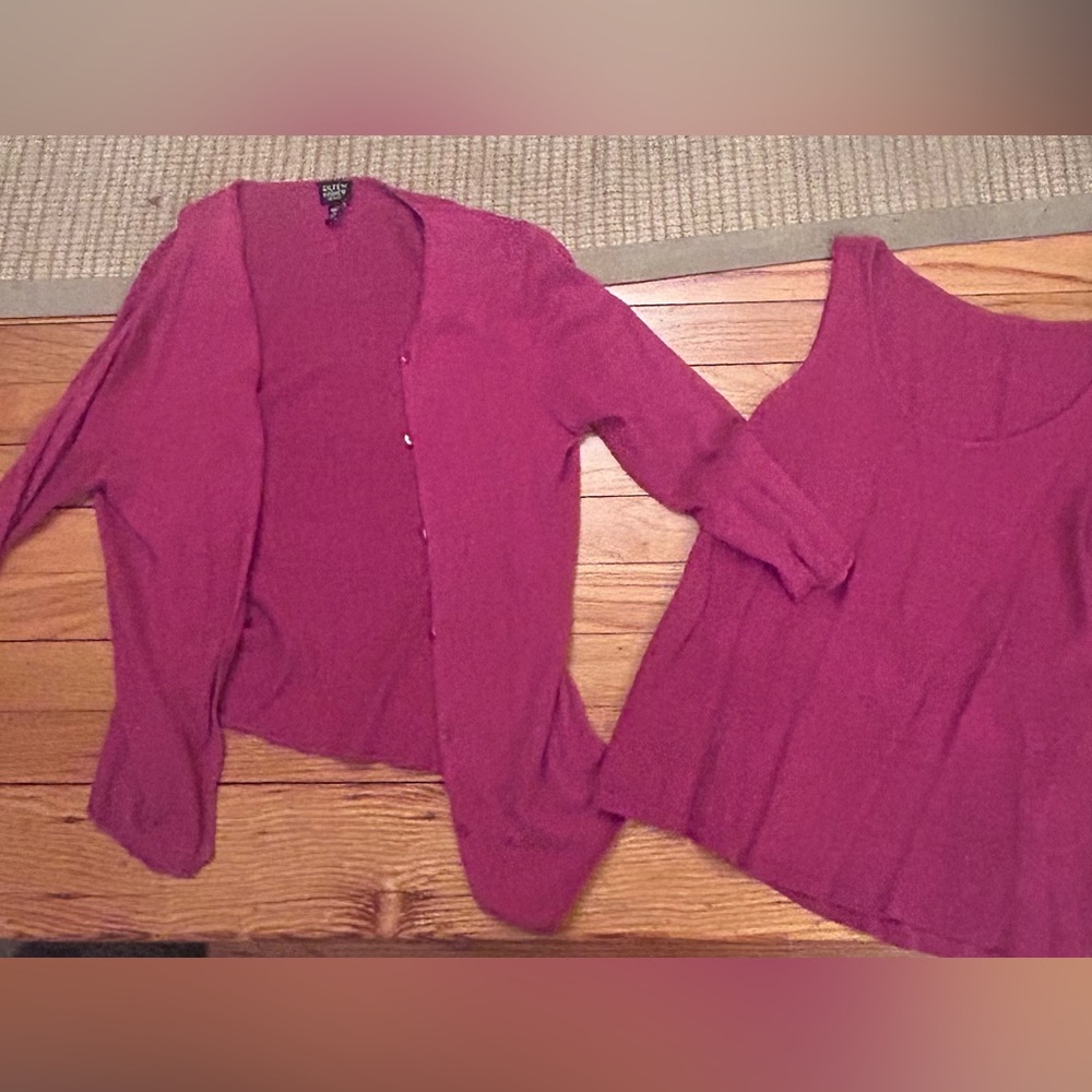 Eileen Fisher Berry Red Knit Tank and Cardigan Set